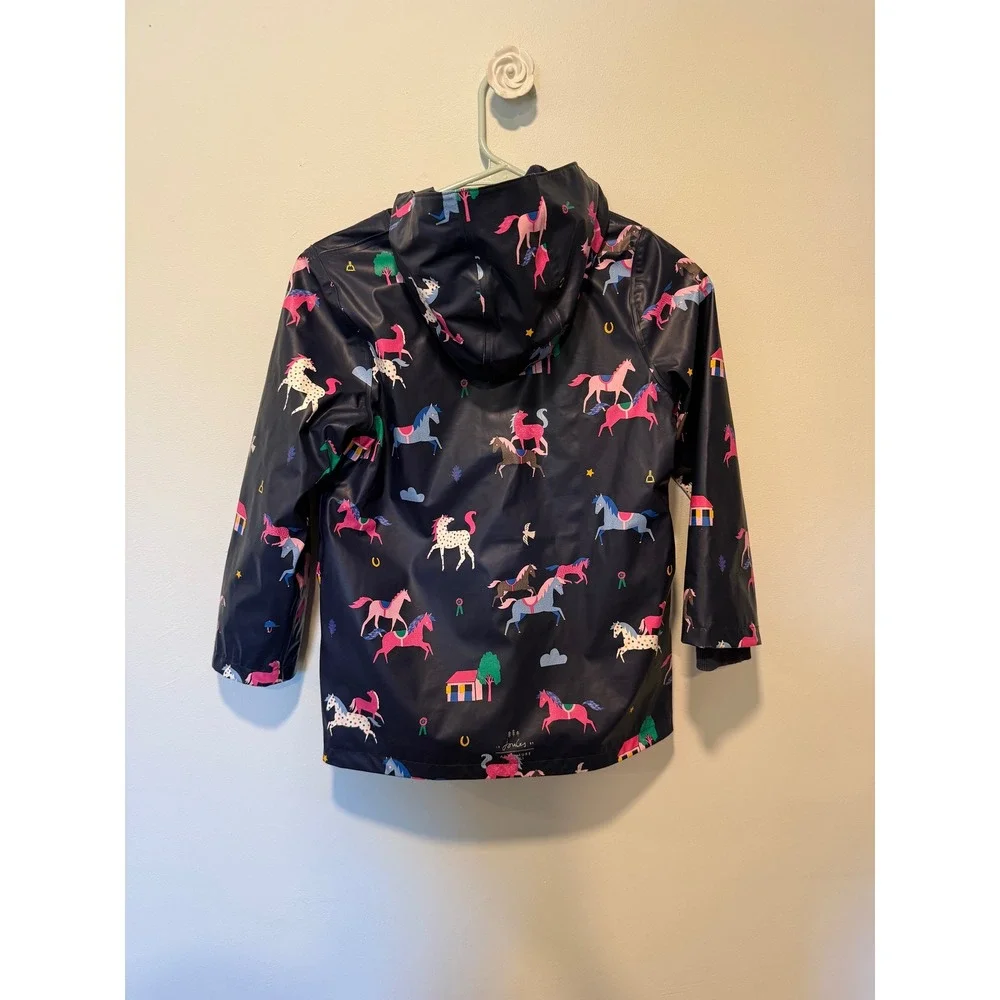 Joules Kids Navy Horse Print Right as Rain Waterproof Fleece Lined Jacket Size 8